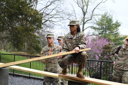 Air Force ROTC cadets work together on VMI leadership reaction course.