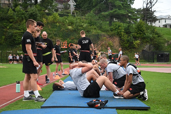 New students at VMI (rats) perform sit-ups as part of their fitness test under supervision of cadet leadership and instructors.