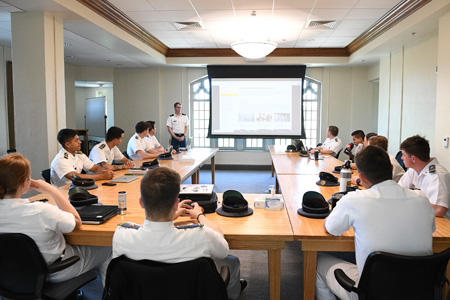 Maj. Jeff Kozak welcomes cadets to the final Fieldwork class of the semester May 3 in Preston Library.鈥擵MI Photo by Kelly Nye.