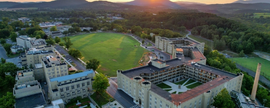 Aerial View of Post with sunrise over the mountains, July 2021